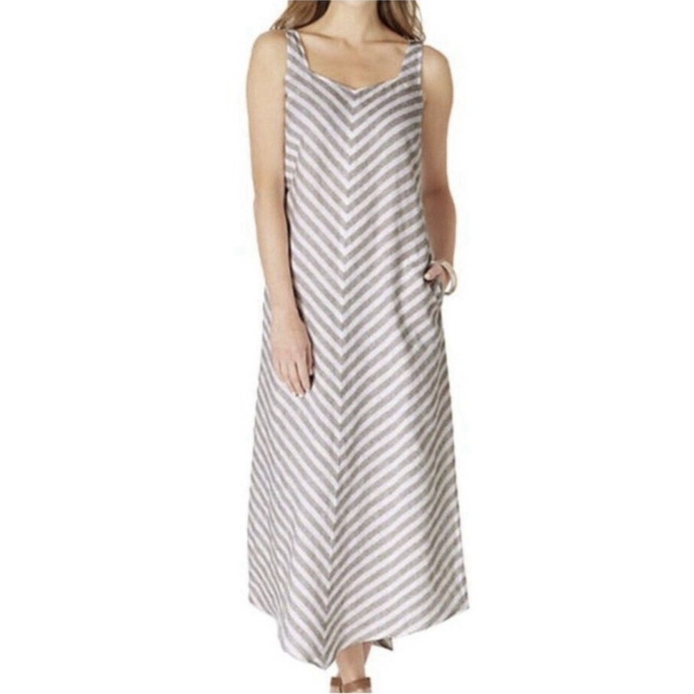 J Jill 100% Linen Shirt Midi Dress Chevron Striped Sleeveless Pockets Sz 2X